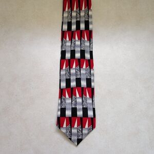 Red, White, and Black Geometric Pattern Handmade Silk Tie